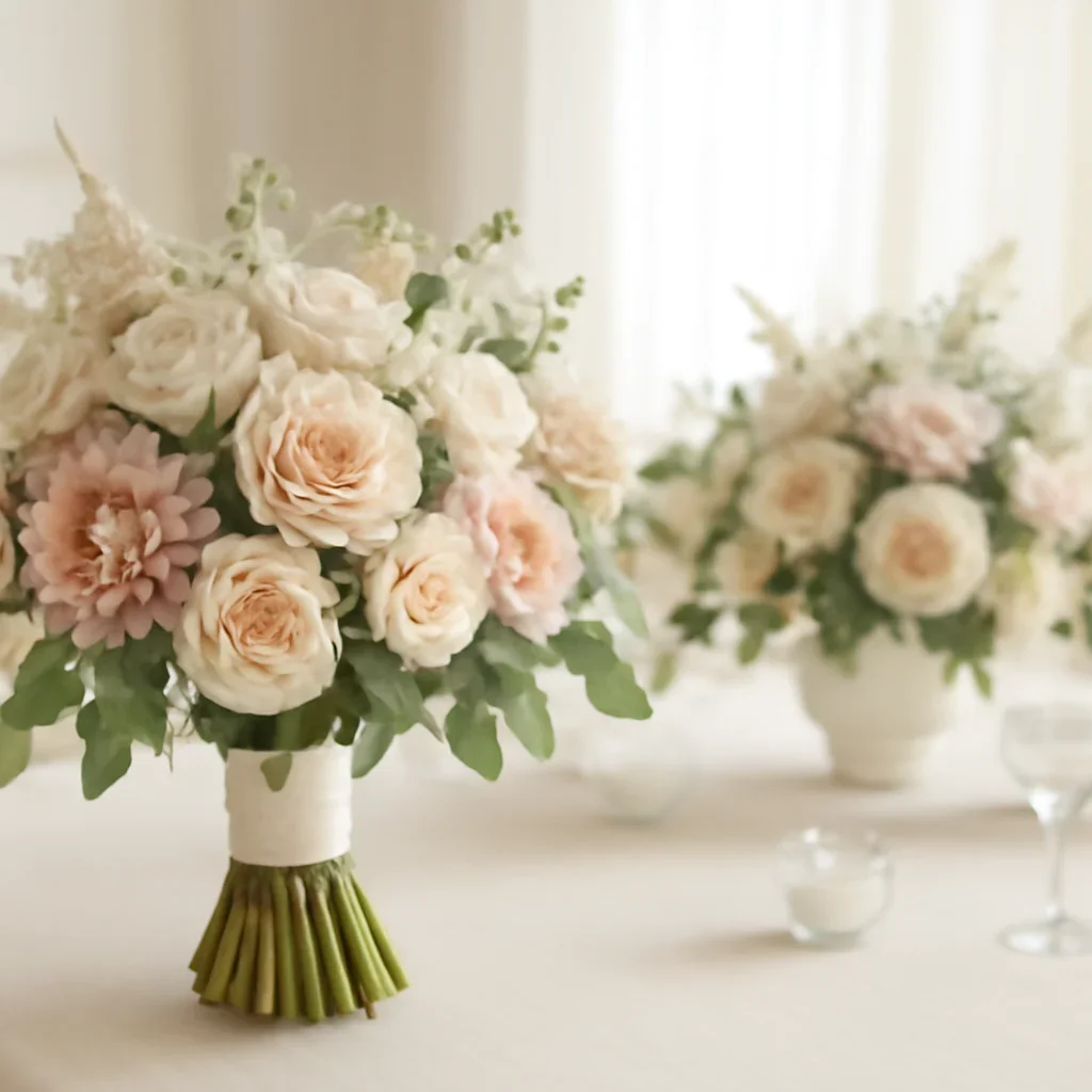Wedding bouquet and reception florals ready for a Tampa celebration