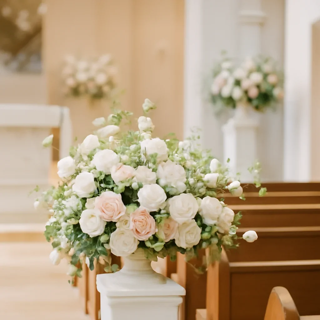 Wedding flower arrangement supporting the church ceremony & reception flowers page