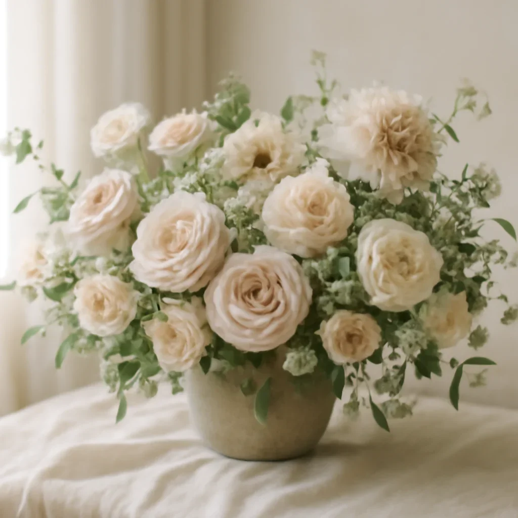 Wedding flower arrangement supporting the rustic romantic wedding flowers page