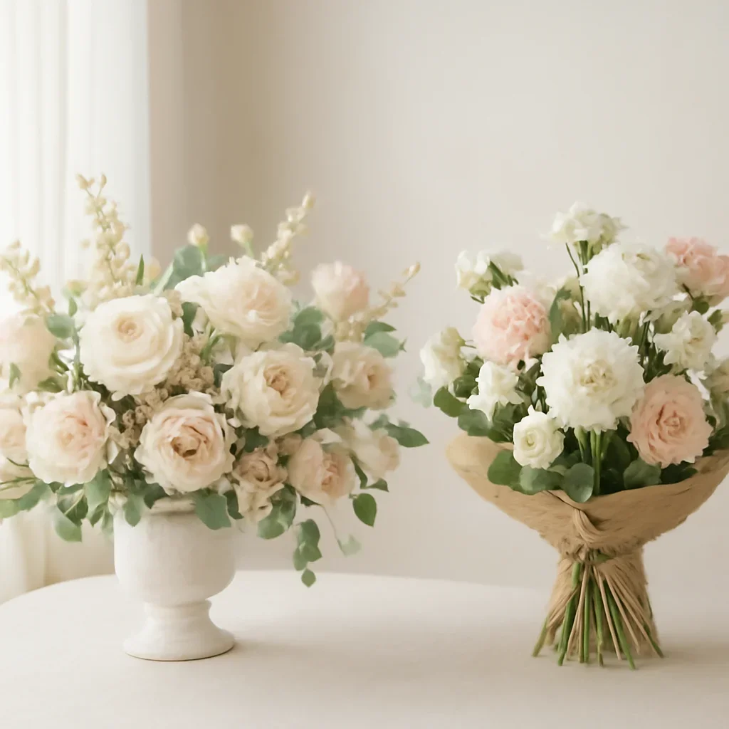 Wedding flower arrangement supporting the custom florist vs grocery store flowers page