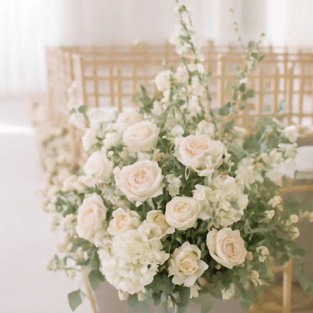 Wedding flower arrangement supporting the aisle decor page