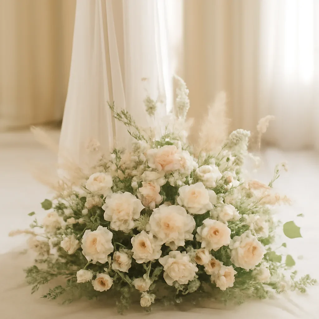 Wedding flower arrangement supporting the altar decor page