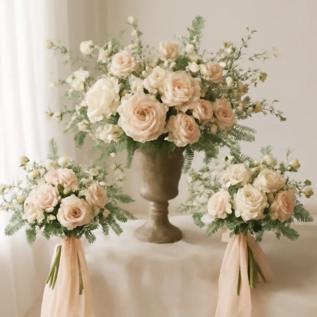 Wedding flower arrangement supporting the bridesmaid bouquets page