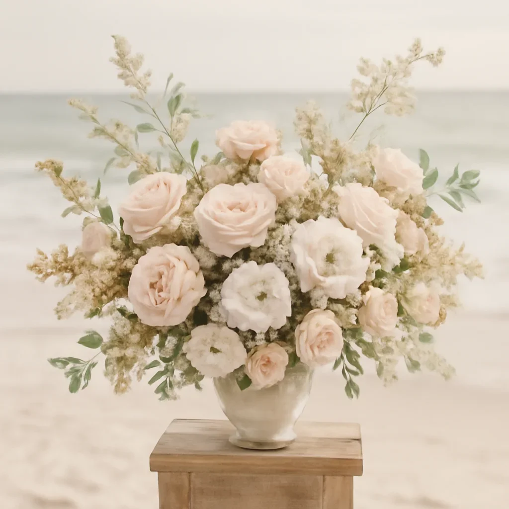 Wedding flower arrangement supporting the beach weddings page