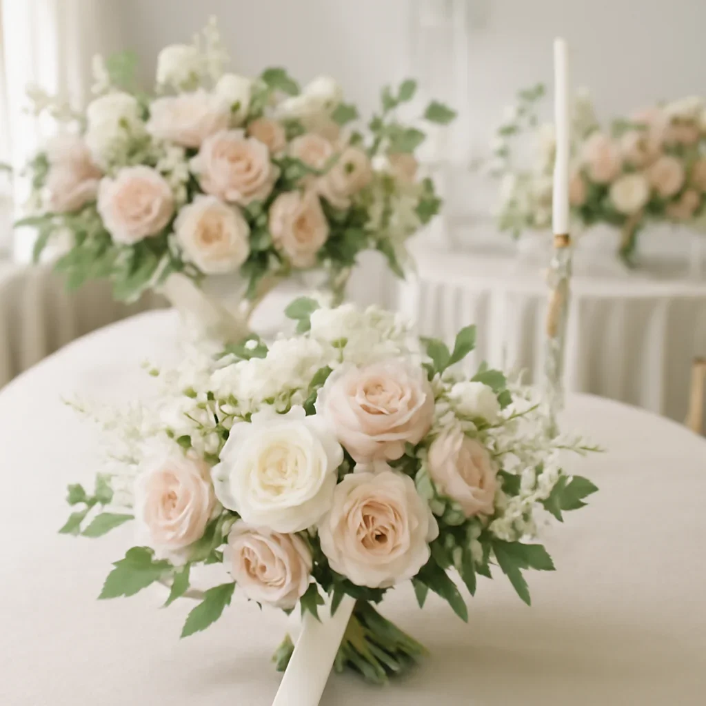 Wedding bouquet and reception florals ready for a Tampa celebration