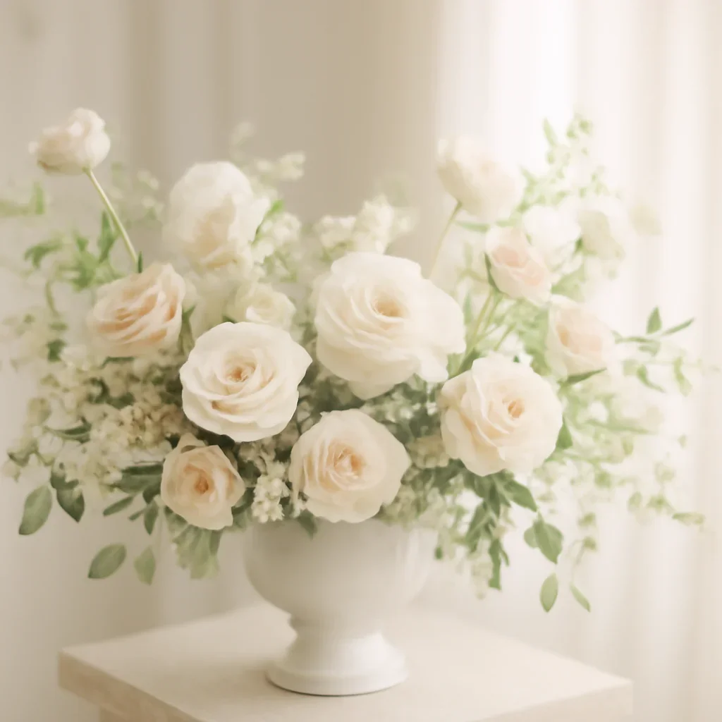 Wedding flower arrangement supporting the bridal party flowers page