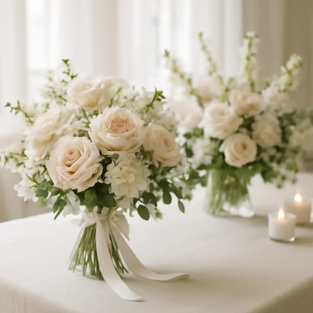 Wedding bouquet and reception florals ready for a Tampa celebration
