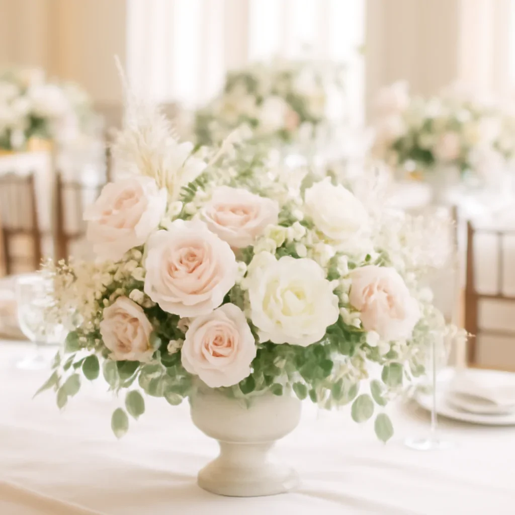 Wedding flower arrangement supporting the reception flowers page
